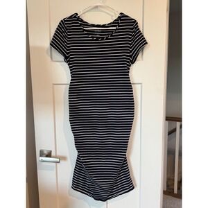 Isabel Maternity Navy White Striped Ruched Bodycon T-Shirt Dress Medium M
